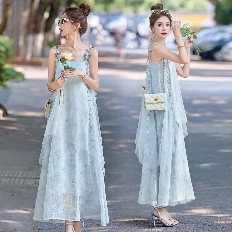 Summer New Korean Style Fairy Temperament Blue Smudged Holiday Dress Fashionable Slimming Tassel Suspender Dress Long Skirt