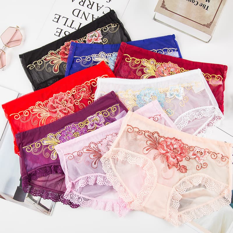 Sexy Lace Panties for Women New Embroidery Lace Seamless Plus Size Mesh Mid-Rise Bikini Underwear Factory Direct