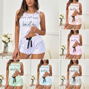 26 Hot Selling Export Women's Print Vest Shorts Pajamas Homewear Set European and American Style Thin Layer Wear Out