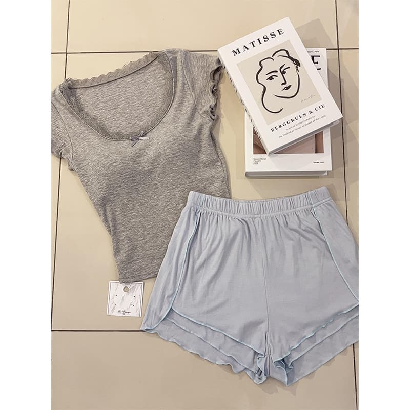 Sin Glee Simple Slim Fit Solid Color Short Sleeve Pajama with Padded Bra for Women Summer Plus Size Comfortable Shorts Loungewear
