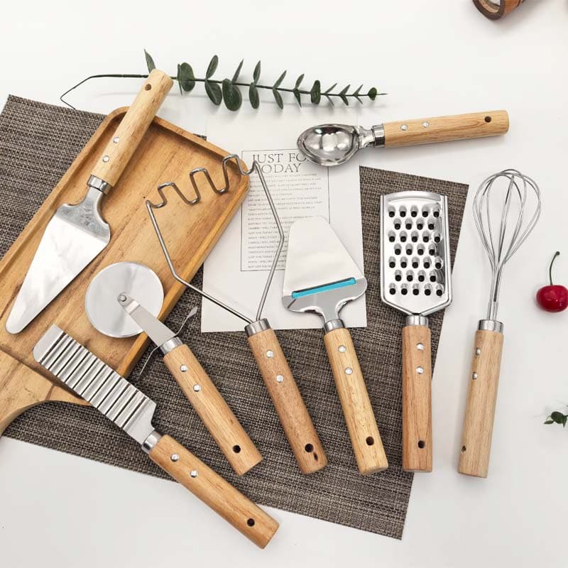 Amazon Eco-Friendly Rubber Wood Stainless Steel Kitchen Tool Ginger Grater Electric Etching Grater 7-Piece Set Customizable Kitchen Gadgets