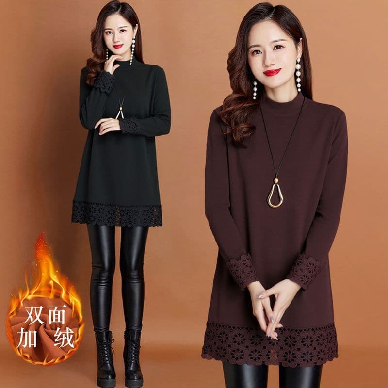 2026 Winter New Plus Size Loose Lace Patch Long Sleeve T-Shirt Age-Defying Versatile Slimming Mid-Length Base Layer
