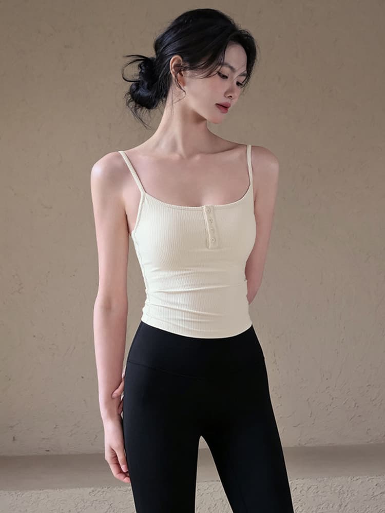 Soft Cream Yoga Two-Piece Set, Stylish Buckle Detail Thin Strappy Top, High-Waist Slimming Shaping Sports Leggings for Women Summer