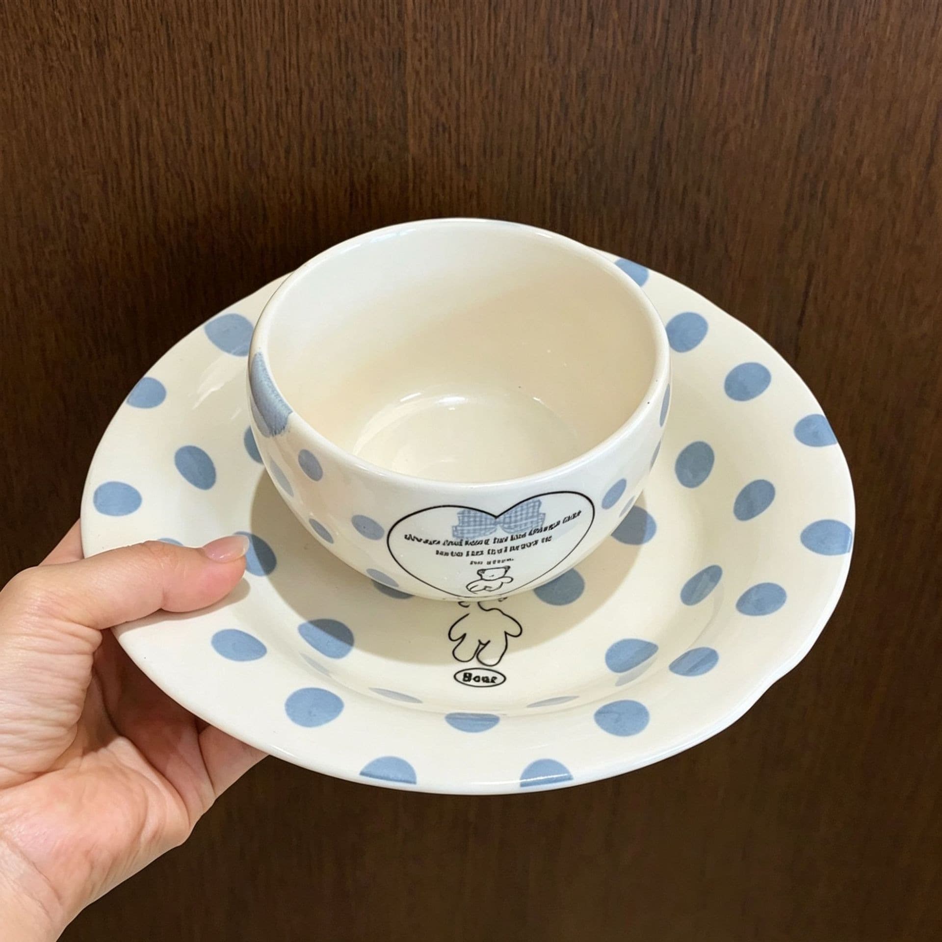 Blue polka dot bear dinner plate high-looking ins style household ceramic underglaze color rice bowl salad dessert plate