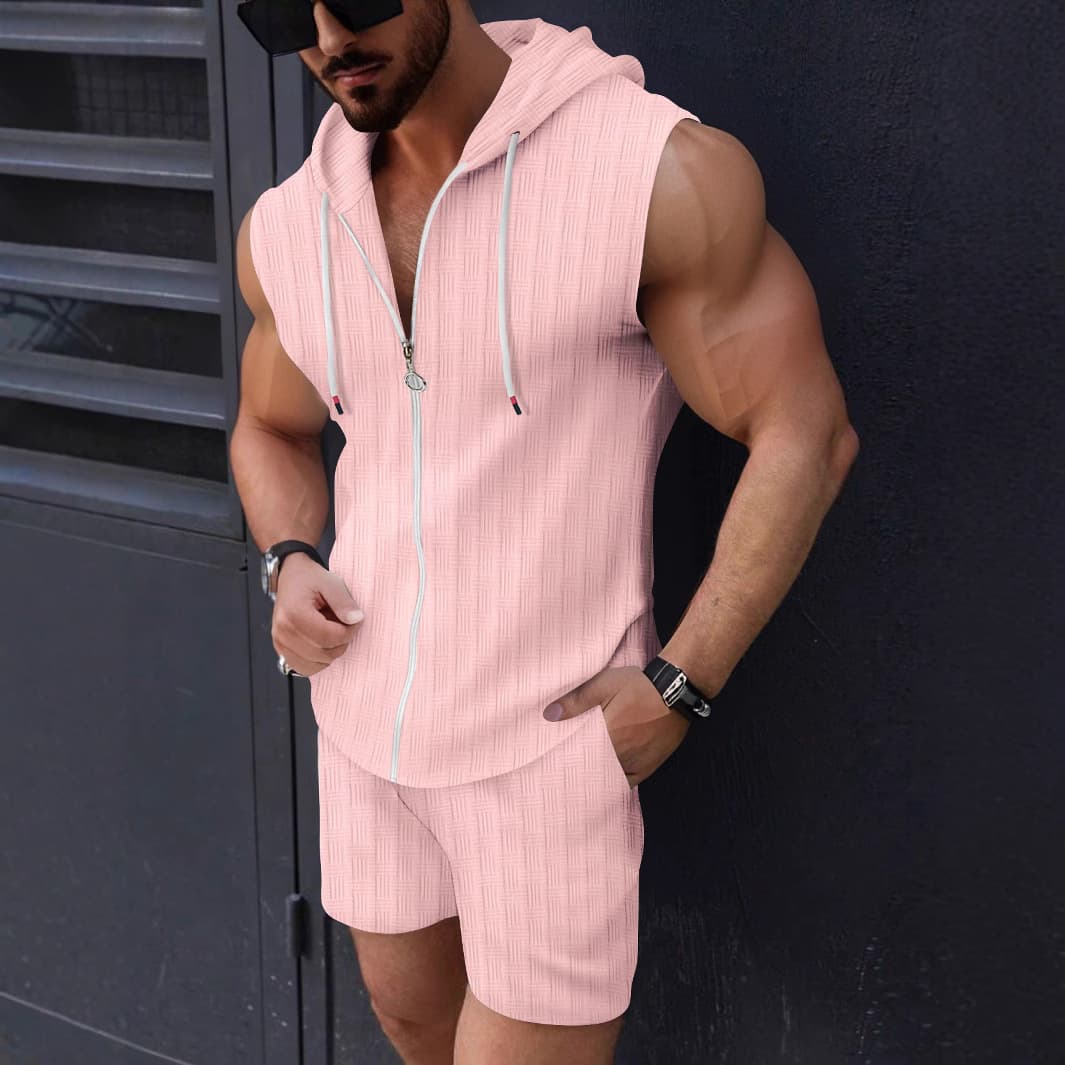 Cross-Border Summer New Fashion Men's Hooded Zip-Up T-Shirt Plaid Sleeveless Vest Shorts Two-Piece Set