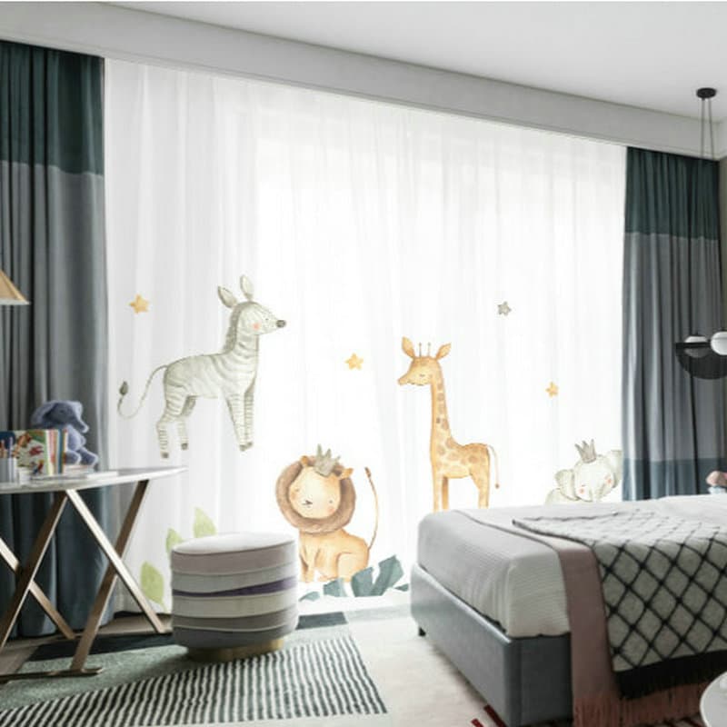 Children's Room Curtains, Boy Girl Bedroom Cartoon Curtains, Cute Green Pastoral Style Ready-Made Curtains