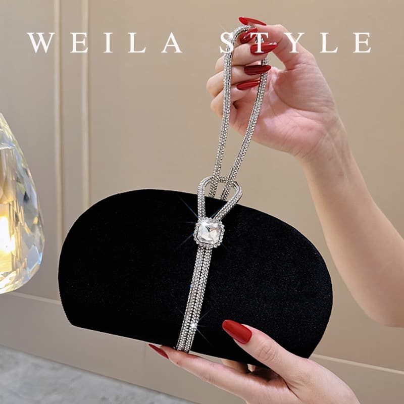 Elegant Black Velvet Diamond Embedded Evening Bag Handbag Party Maid of Honor Dress Chain Bag Women's Handbag Fashionable Clutch