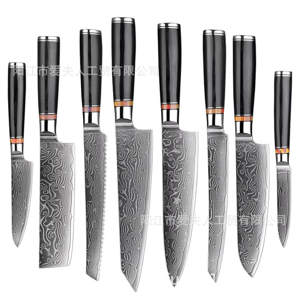 Cross-border Damascus Pattern Knife Set Kitchen Chef Knife Bread Knife Gift Box Restaurant Hotel