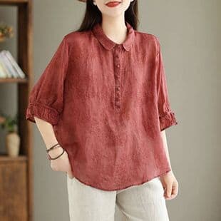 2025 New Fashion Jacquard Turn-Down Collar Shirt, Vintage Women's Three-Quarter Sleeve Blouse, Slimming and Concealing Thin Top