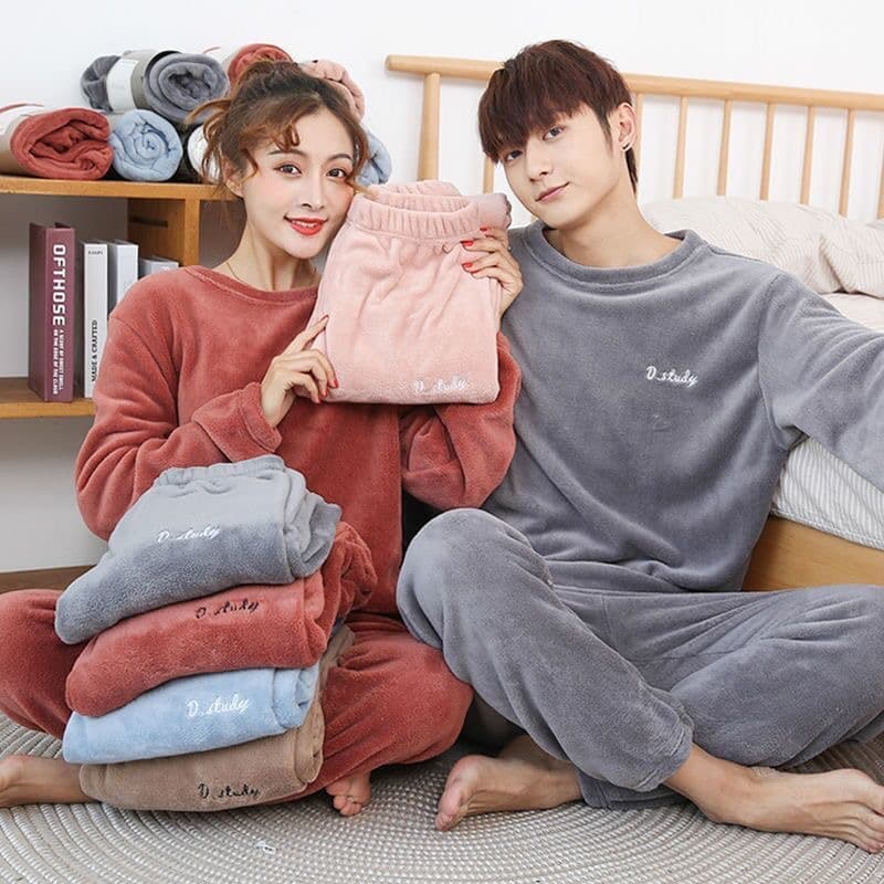 Coral Fleece Couple Pajamas Winter Thickened Warm Wear-Out Fairy Comfortable Home Suit Two-Piece Set