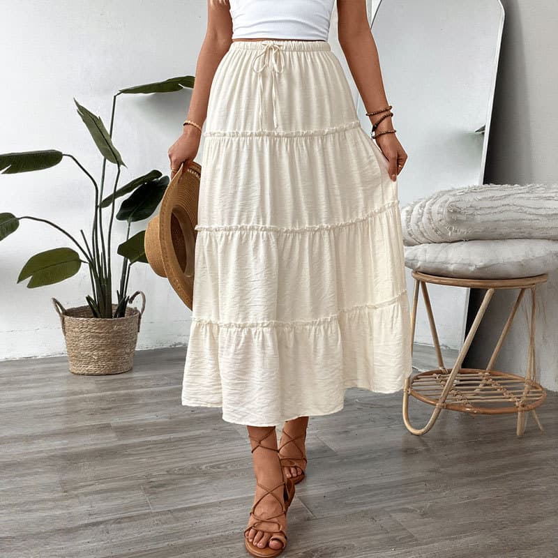 【Baifenzhiyi】2025 New Cross-border Casual Simple Tie-dye Layered Solid Color Summer Long Skirt