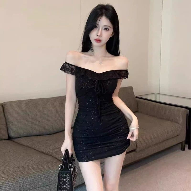 Pure lust style sexy lace splicing suspender dress women's new summer new waist slimming and beautiful hip-covering short skirt