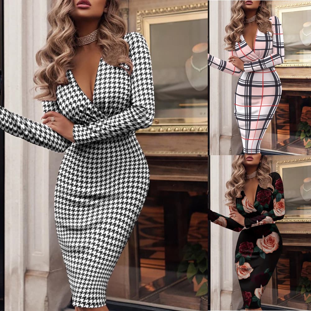 2024 independent station wish Amazon autumn and winter sexy long-sleeved V-neck hip-hugging printed dress for women