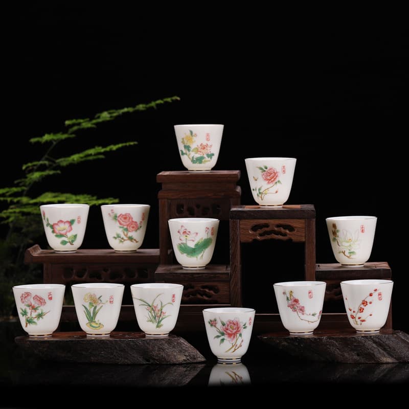 Suet White Jade Porcelain Tea Cup Ceramic White Porcelain Tea Tasting Cup Gongfu Tea Set Single Cup Flower Goddess Cup Gift LOGO Customization