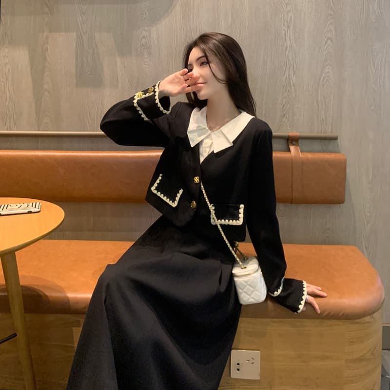 Plus Size Chanel-Style Two-Piece Outfit: Faux Layered Jacket Top for Women, High-End Look, 2024 Fall/Winter New Arrival, with Midi Skirt for Curvy Ladies