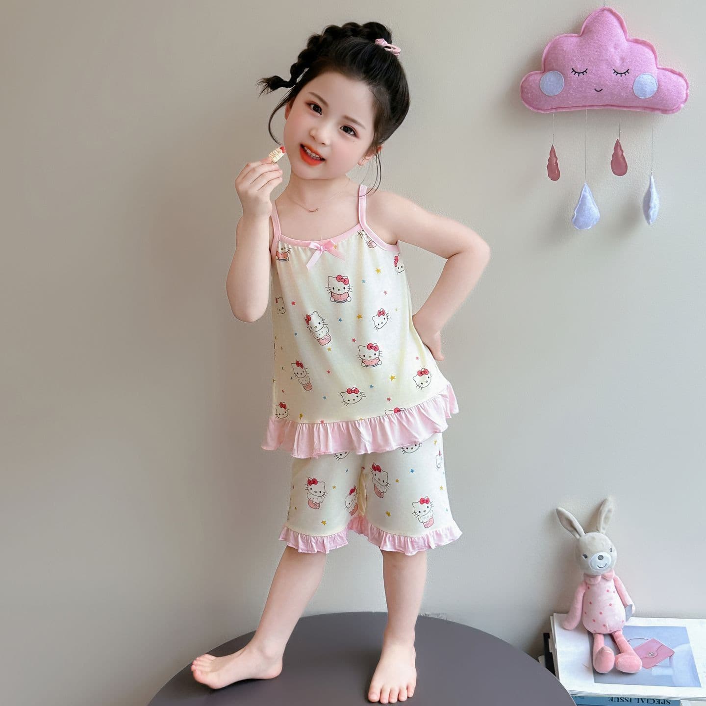 Cute Hello Kitty Children's Pajamas - Summer Thin Baby Girl Sleeveless Summer Style Air Conditioning Home Wear, Suitable for Outdoor Wear