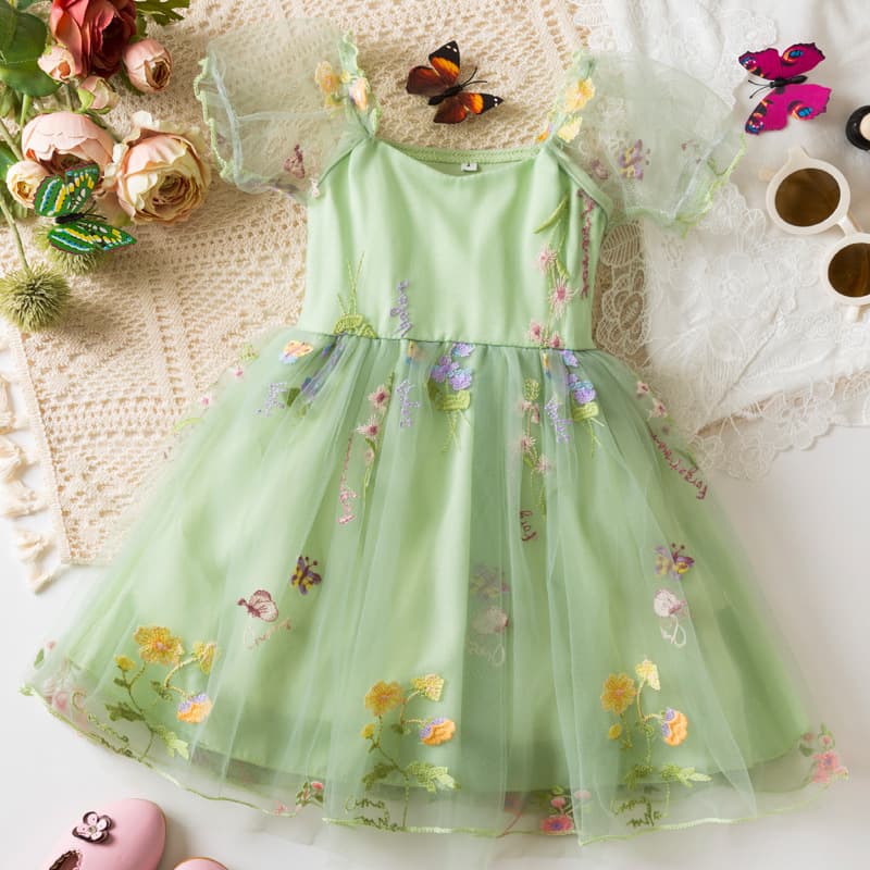2025 New Girls Puff Sleeve Dress Baby Birthday Princess Dress Lolita Children's Embroidered Mesh Skirt