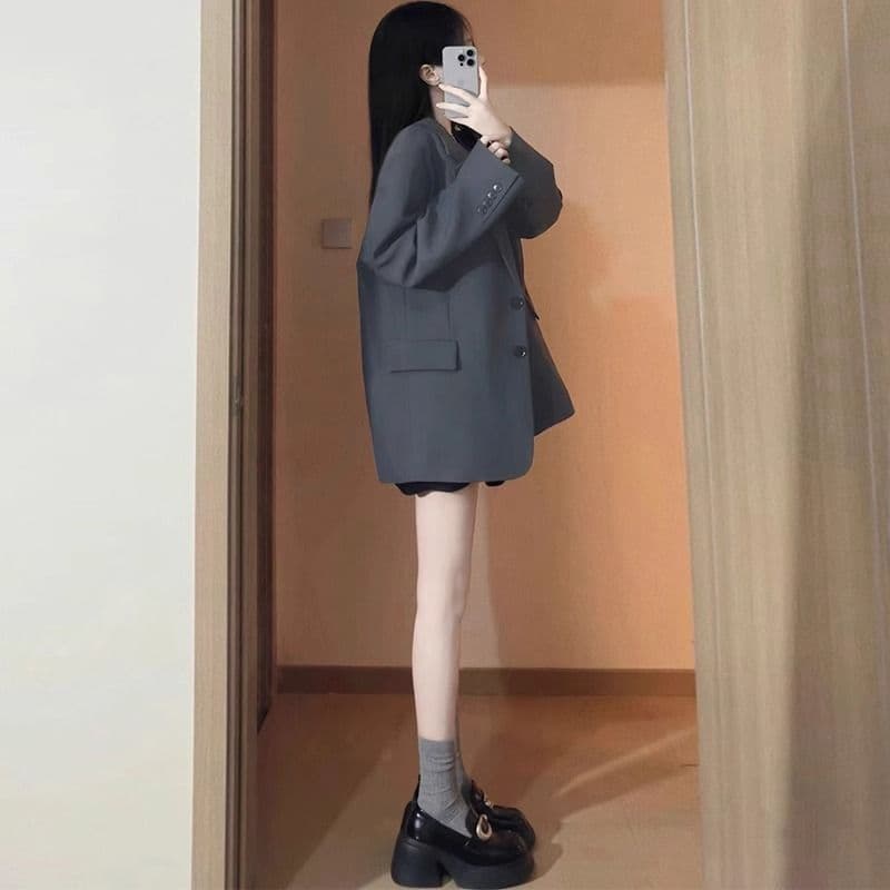 Gray Blazer for Women, New Petite Autumn Korean Version Loose Casual Suit Jacket