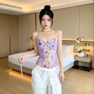 Summer Purple Mesh Embroidery Bodysuit Sexy Slim Fit Side Tie Hot Style