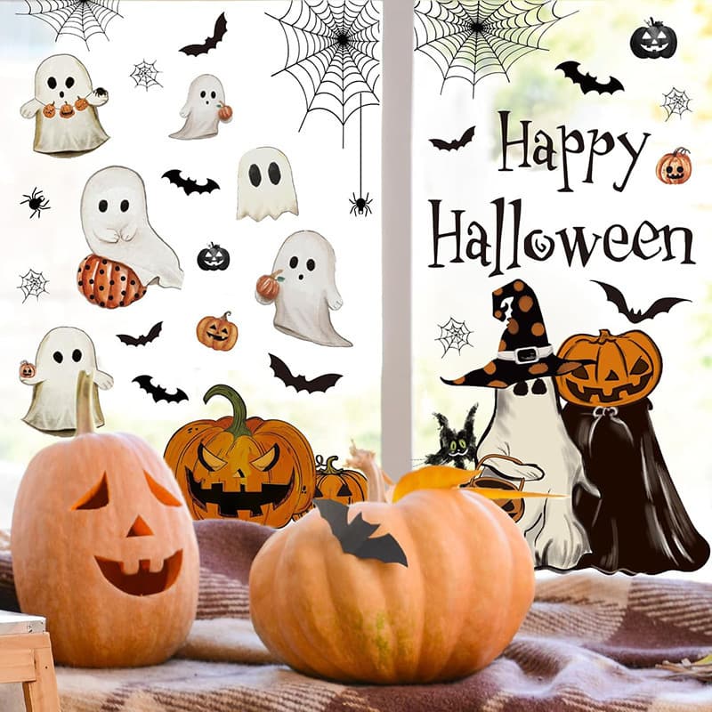 Halloween Wall Sticker Skull Holiday Party Window Decoration Sticker Bat Pumpkin Door Sticker PVC Cross-Border for Europe and America