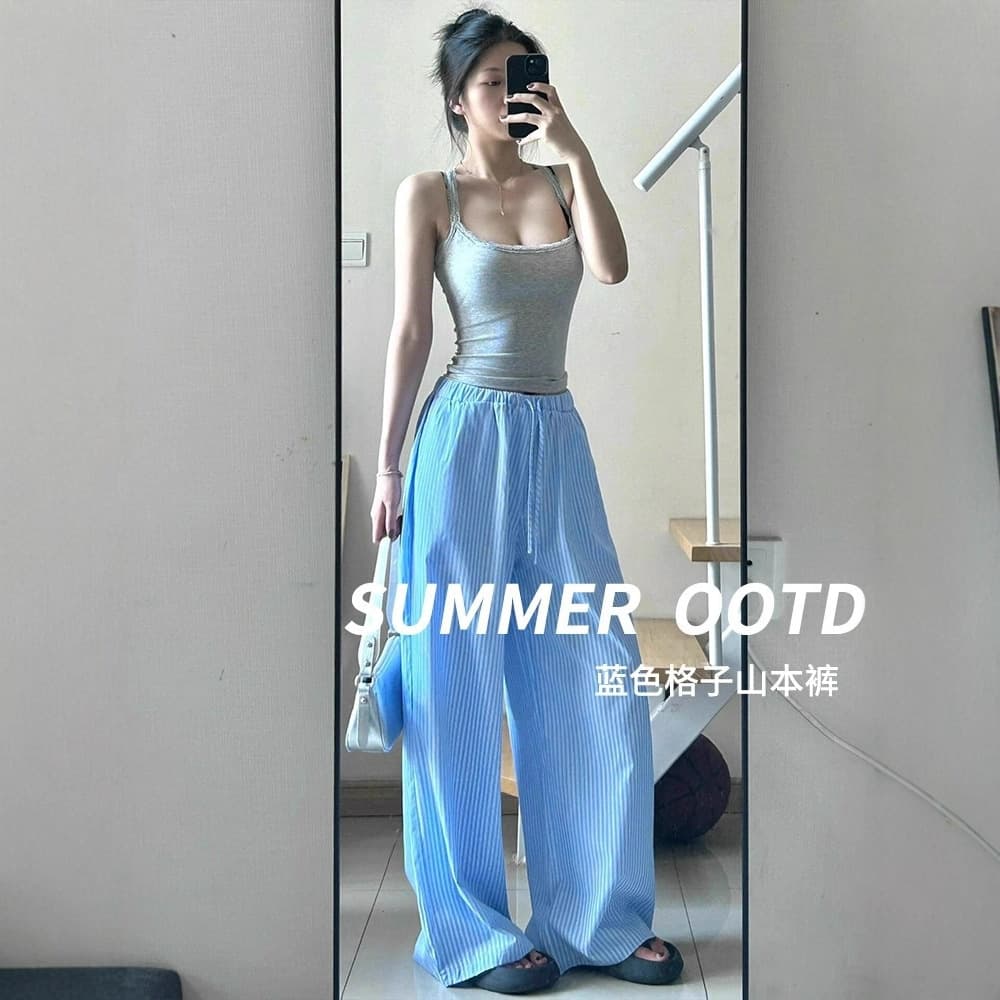 145 dopamine wear striped wide-leg pants for women summer thin and small 150 high-waist narrow version drape casual pants