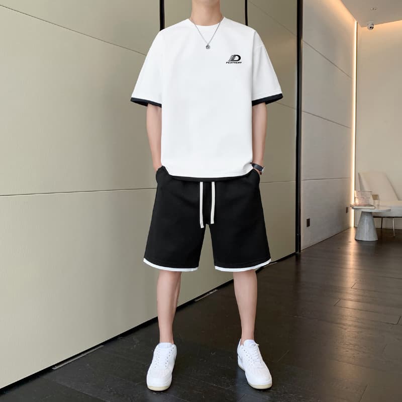 Youth Men's Short Sleeve Set Summer New Trendy Stylish Loose Round Neck Short Sleeve T-Shirt and Shorts Two-Piece Set