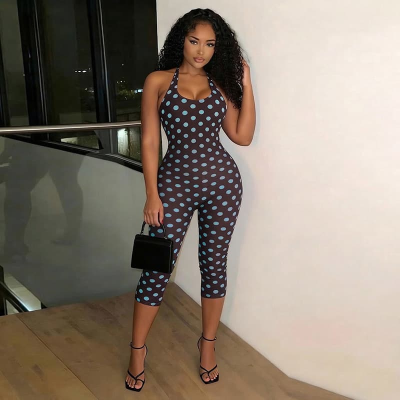 J26JP088 European and American Women's Summer New Polka Dot Print Sleeveless Halter Neck Tie Strap Slim Fit Cropped Pants Jumpsuit