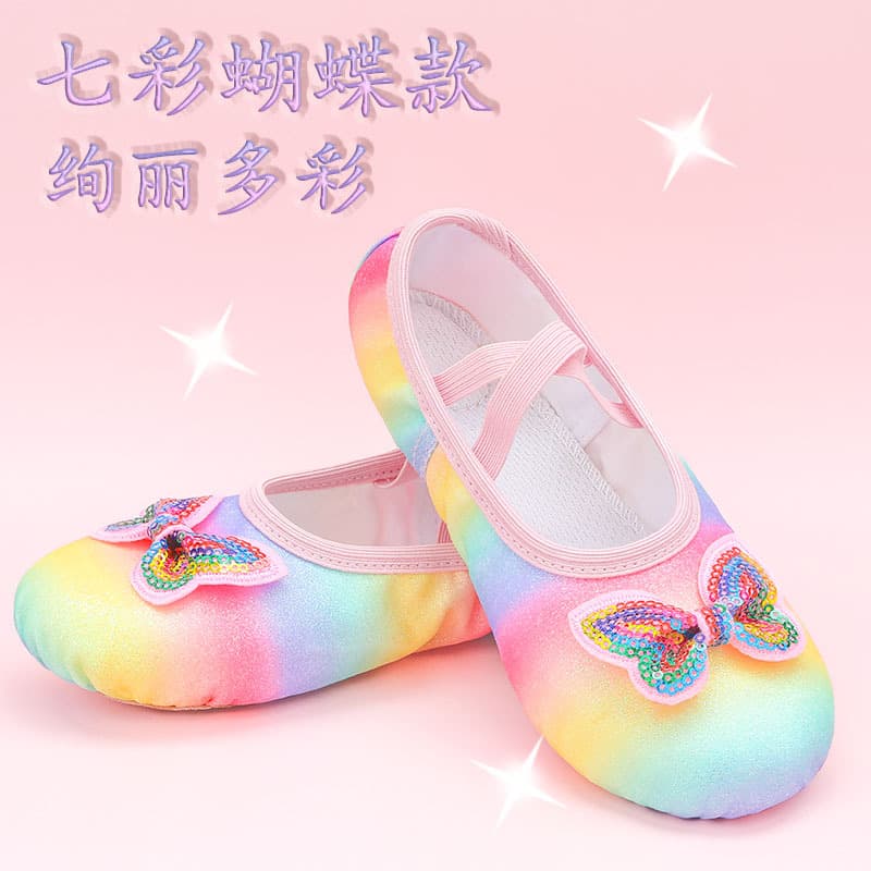 2024 New Children's Dance Shoes Rainbow Practice Shoes Girls Princess Soft-Sole Dancing Shoes Performance Cat Paw Dance Shoes
