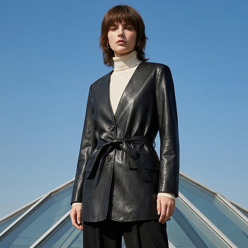 Autumn and winter minimalist style suit jacket belt strap waist slimming matte leather mid-length professional leather jacket top