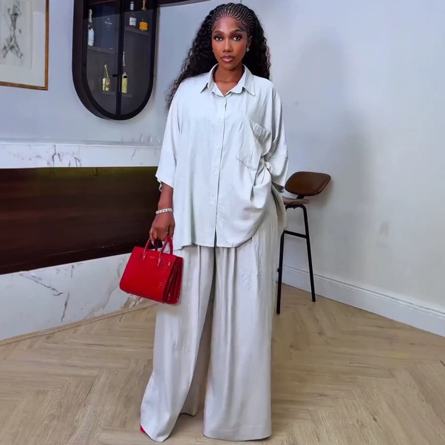 African women's suit large size loose mid-sleeve lapel solid color new shirt trousers African casual two-piece suit