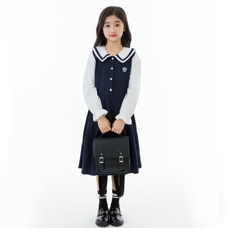 Girls Autumn Dress School Style Princess Dress Navy Collar Contrast Color Student Uniform Dress Big Kids Long Sleeve