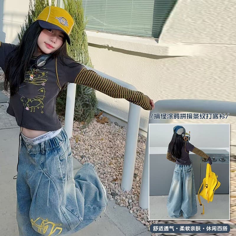 Girls spring and autumn suits 2026 fashionable girls casual striped graffiti T-shirt with printed jeans suit