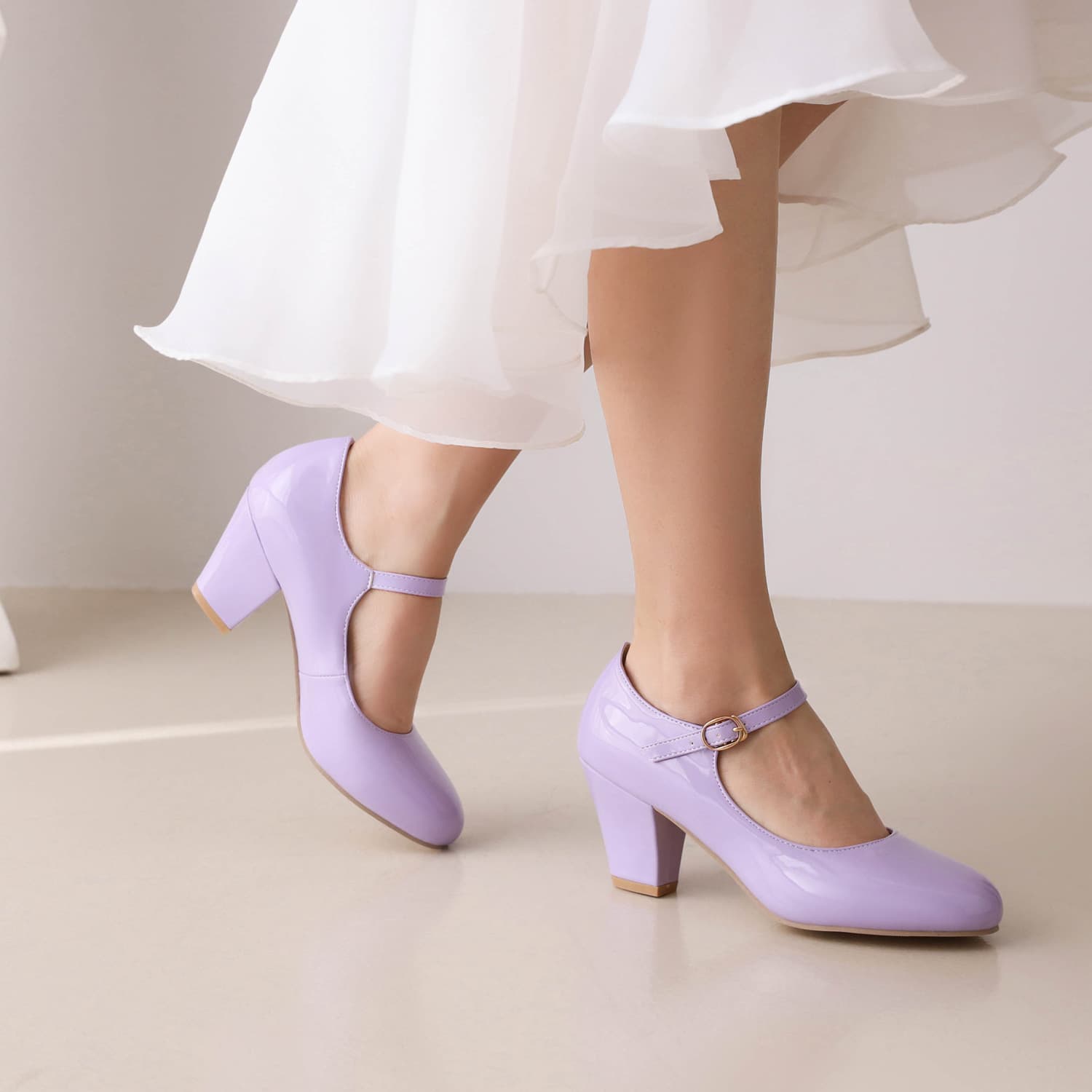 Mary Jane Shoes Women Round Toe Patent Leather Chunky Heel High Heel Fairy Single Buckle Strap Soft Commuter Single Shoes Candy Color Women's Shoes