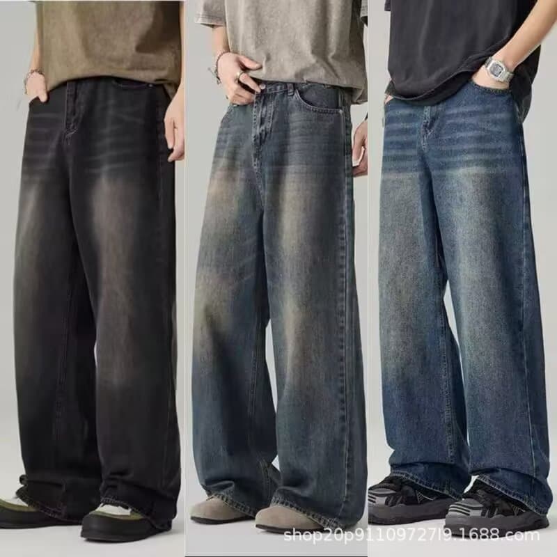 Cross-border Men's Jeans Southeast Asia Hot Selling Washed Wide Leg Jeans Men Vintage Retro Loose Straight Pants