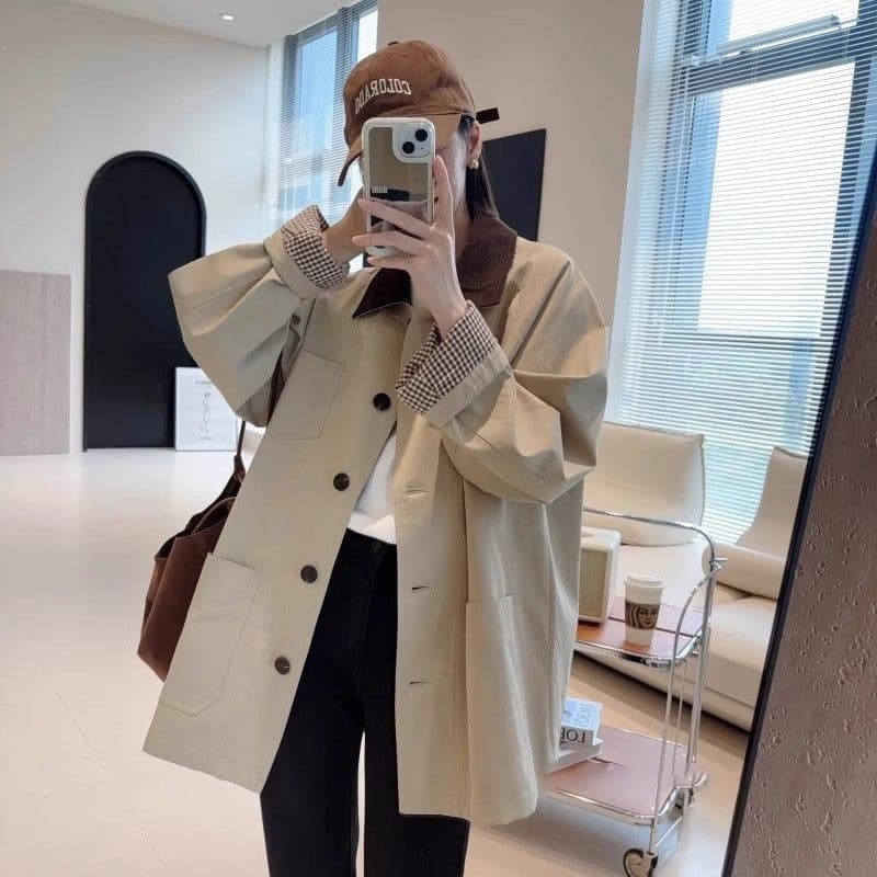 2026 New Trench Coat for Petite Women, Mid-Length Casual High-End Contrast Color Loose Khaki Jacket for Spring and Autumn