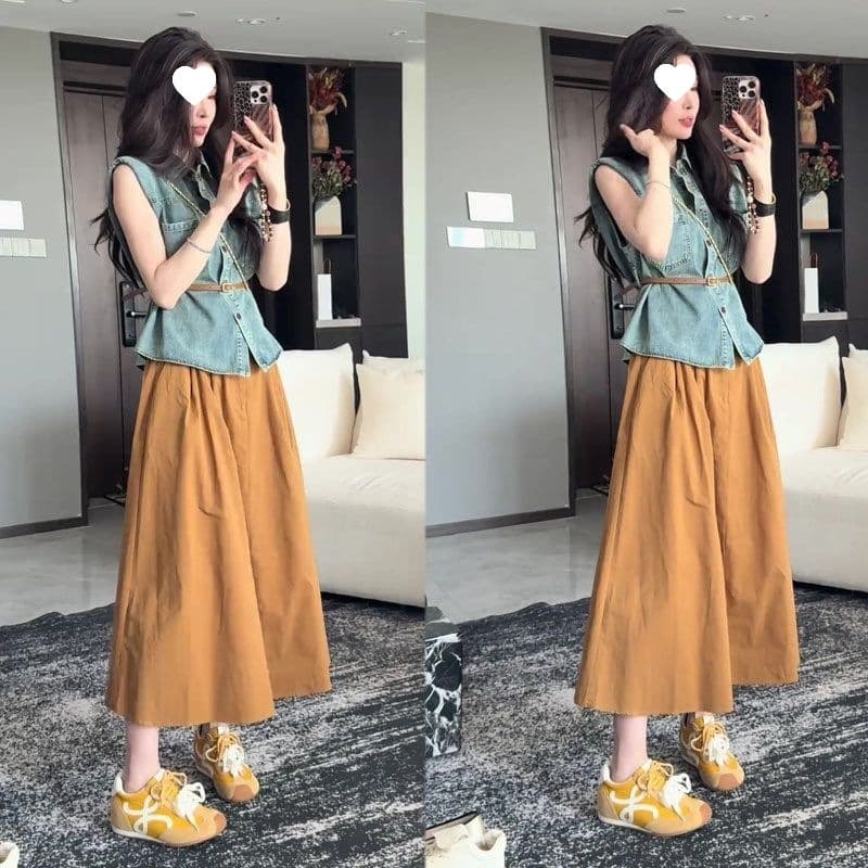 Korean Matching Set for Women: 2026 New Fashion Sleeveless Denim Vest + High-Waist Skirt Two-Piece