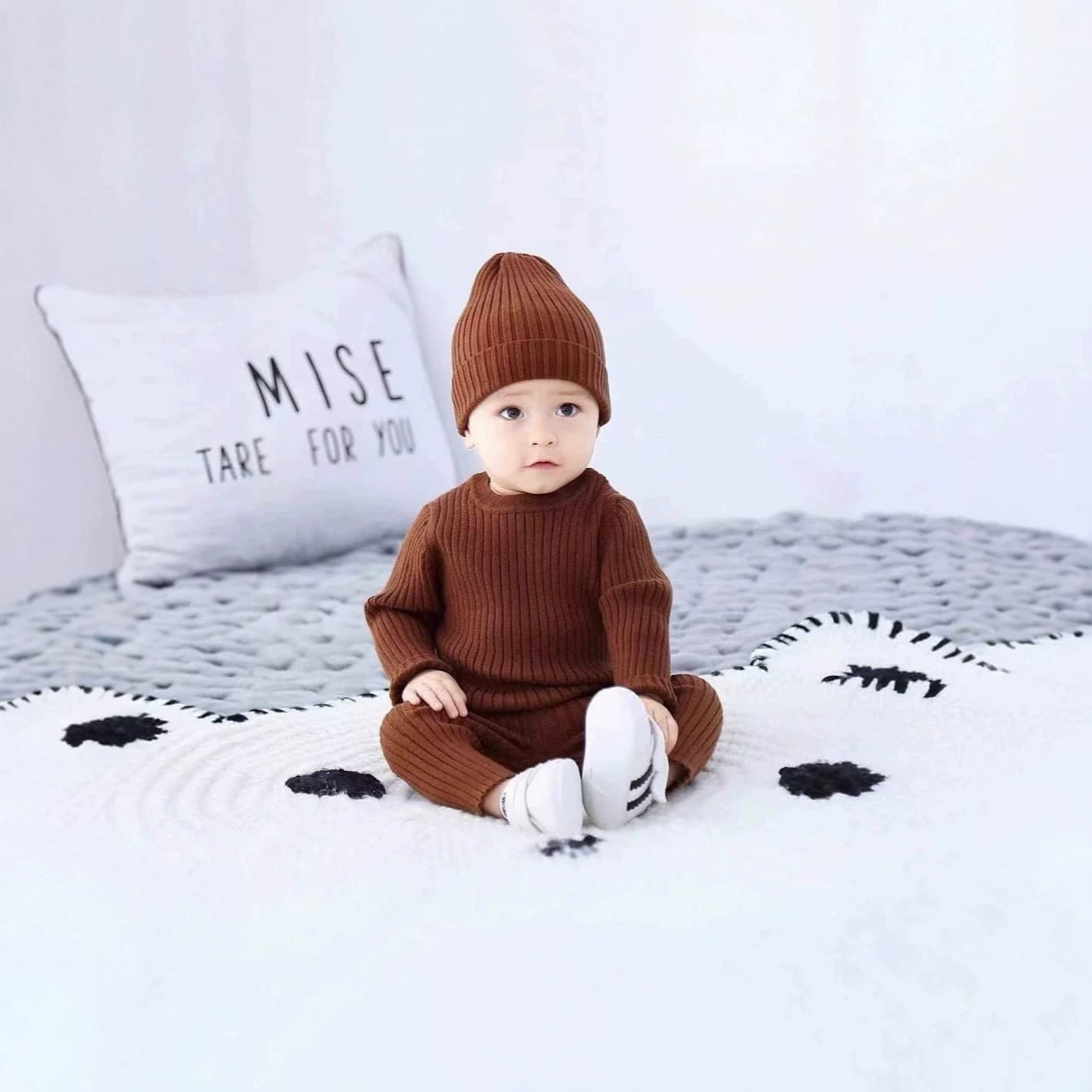 3-Piece Baby Winter Outfit Set Infant Knit Long-Sleeve Top Warm Autumn and Winter Thermal Undershirt