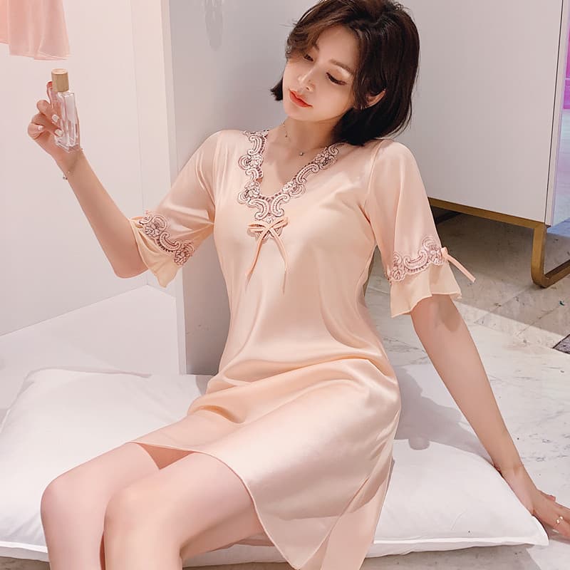 Strictly Selected Women's Summer Thin Ice Silk Lace Short Sleeve Sexy Plus Size Silk Nightgown Homewear Wholesale