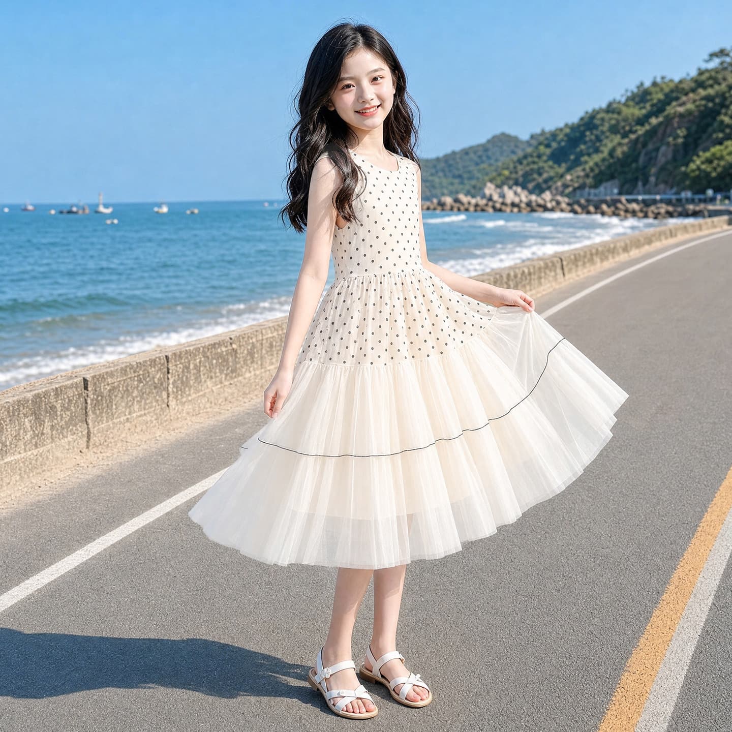 Girls' Summer Velvet Mesh Polka Dot Dress Mesh Spliced Fairy Dress for Medium to Older Girls Sweet Fashion Midi Dress