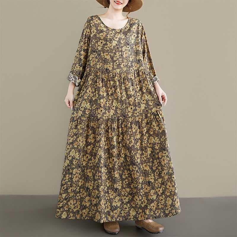 2026 Linen-Cotton Maternity Dress Round Neck Long Sleeve Loose Flared Printed Dress Middle-aged and Elderly Mother's Dress Export Style