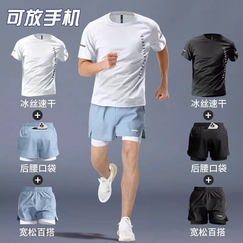 Men's Running Sport Suit Professional Training Wear Summer Quick-Dry T-Shirt Short Sleeve Phone Pocket Shorts Gym Outfit
