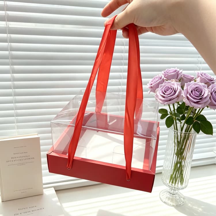 New Square Transparent Gift Box Bouquet Handheld Box Internet-Famous PVC Clear Lid Gift Box for Flowers Cake Party Favors