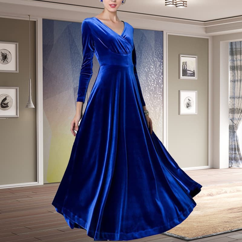 Amazon Cross-border Europe & US New Women's 2024 Fall/Winter Solid Color Long-Sleeve Dress, Velvet V-Neck Dress