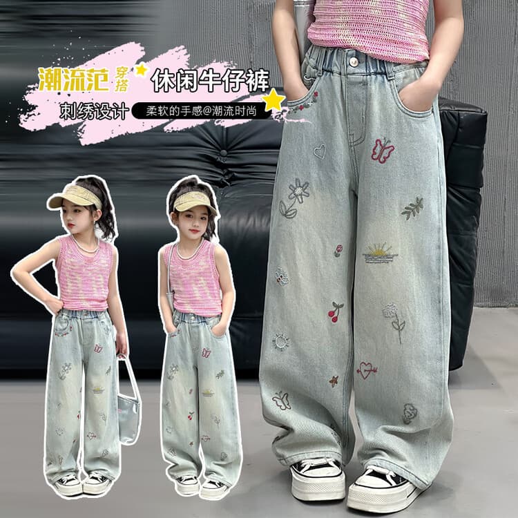 Girls Embroidered Jeans Summer 2025 New Children's Summer Pants Teenagers Straight Wide Leg Pants