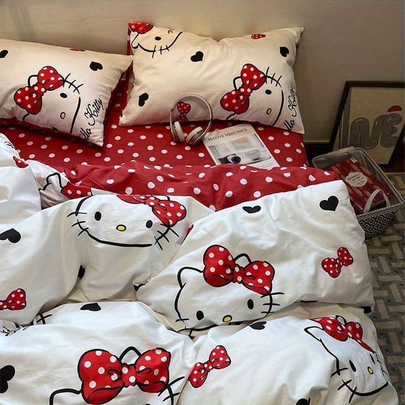 Korean Style Ins Wave Dot HyunA Red KT Washed Cotton Craft Home Double Bedding 4-Piece Set, Dorm Single 3-Piece Set