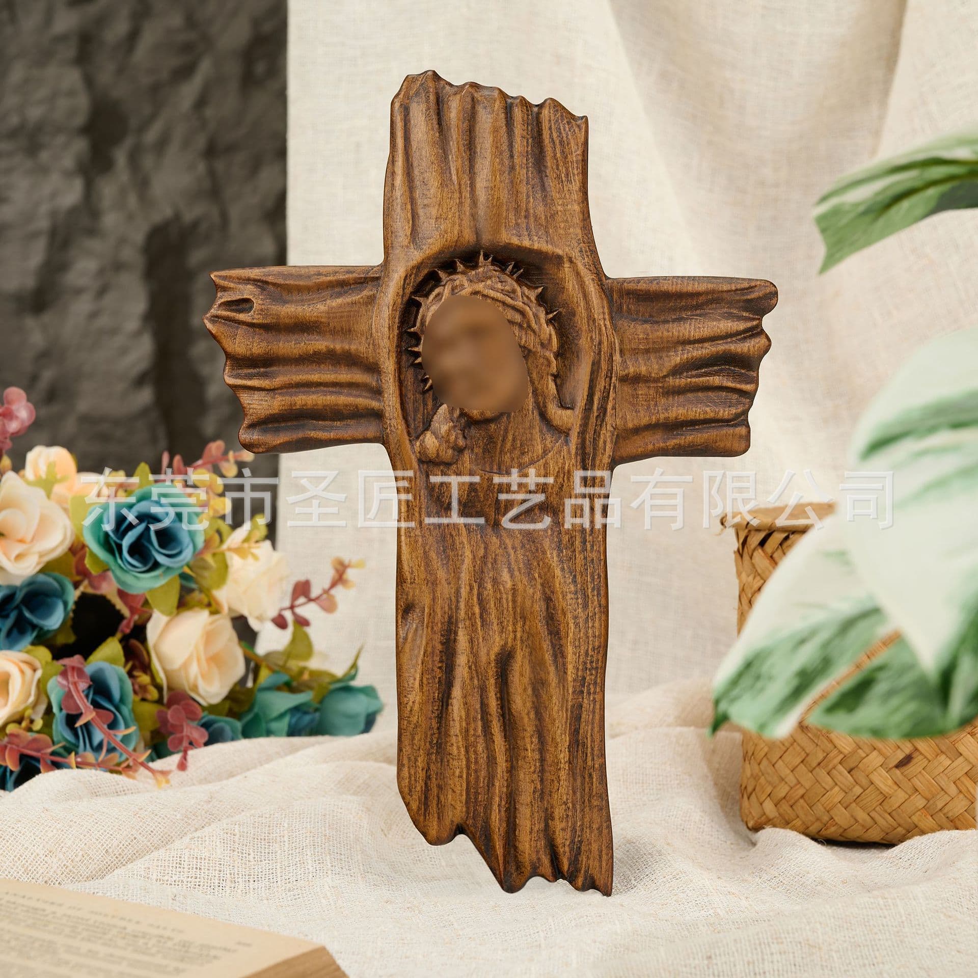 Thorn Head Cross Vintage Cross Home Decoration Wood Carving Hanging Ornament Wooden Craft Cross-border Decoration