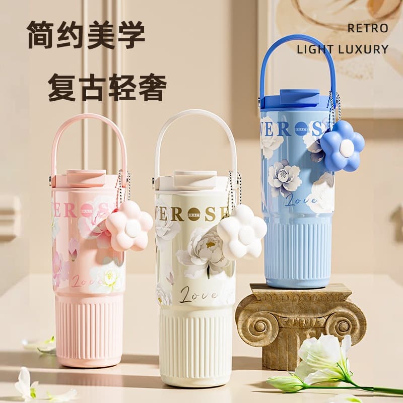 Insulated cup, large capacity water cup for girls, high-looking straw, ice cup, portable hand-held stainless steel kettle gift