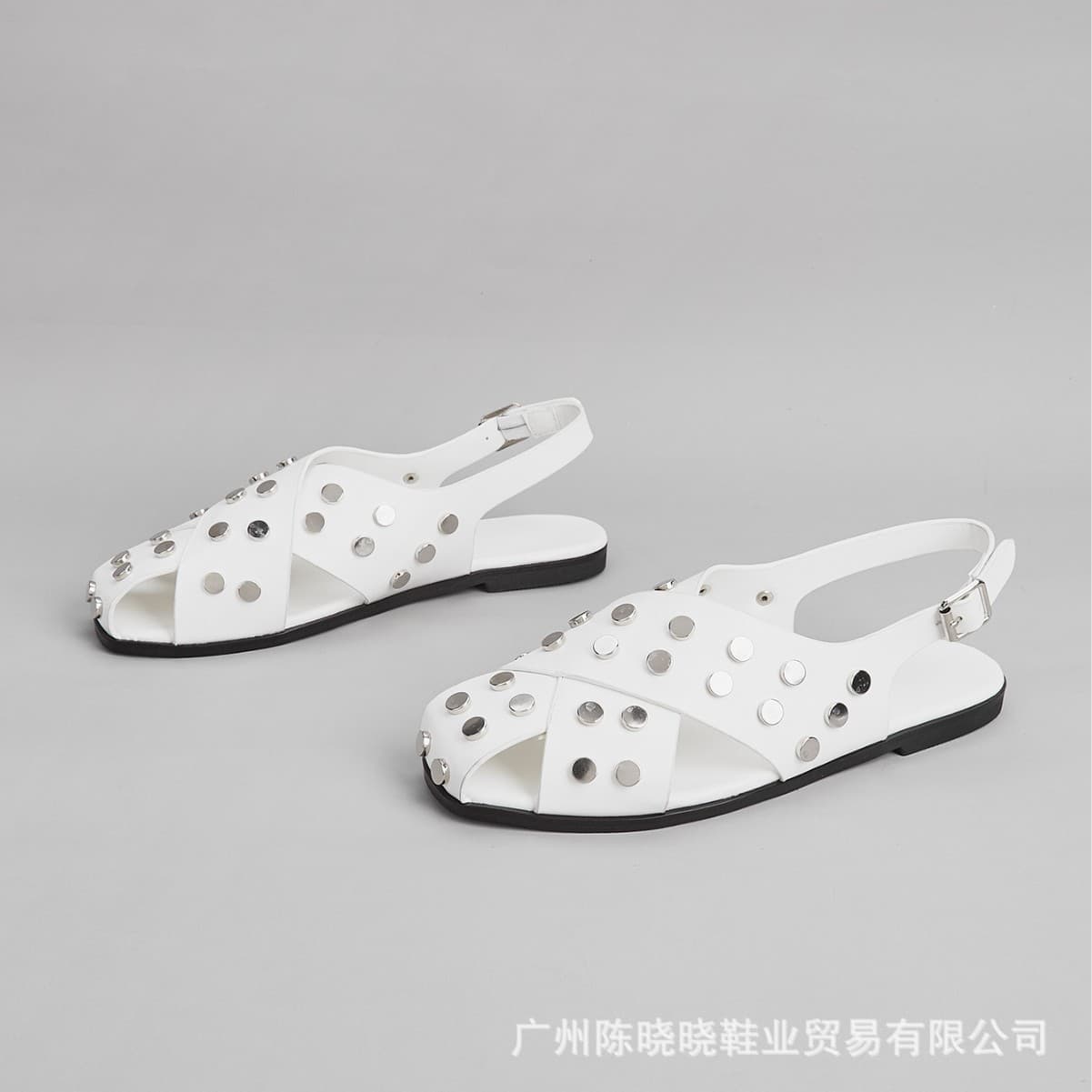 Cross-border European and American Plus Size Summer Fashion Comfort Square Toe Flat Sandals with Rivets Outdoor Open Toe One-Strap Buckle Beach