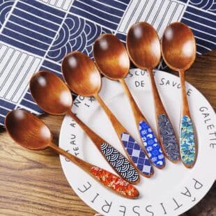 Color Printed Wooden Spoon, Kitchen Beech Wood Wide Handle Spoon, Japanese Style Solid Wood Dessert Spoon, Internet Celebrity Breakfast Wooden Spoon, Beautiful
