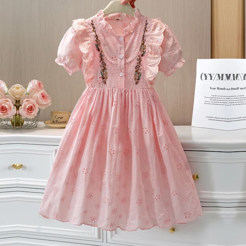 Teen Girls Lace Trim Puff Sleeve Dress, Summer Vintage Embroidered Hollow Out Slimming Soft Long Dress
